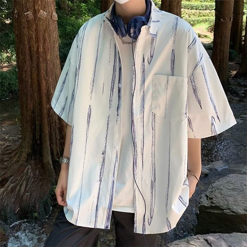 潮新款气质夏季潮流男衬衫文艺标准百搭条纹简约五分袖CY319-P30,男装衬衫,星座412-3
