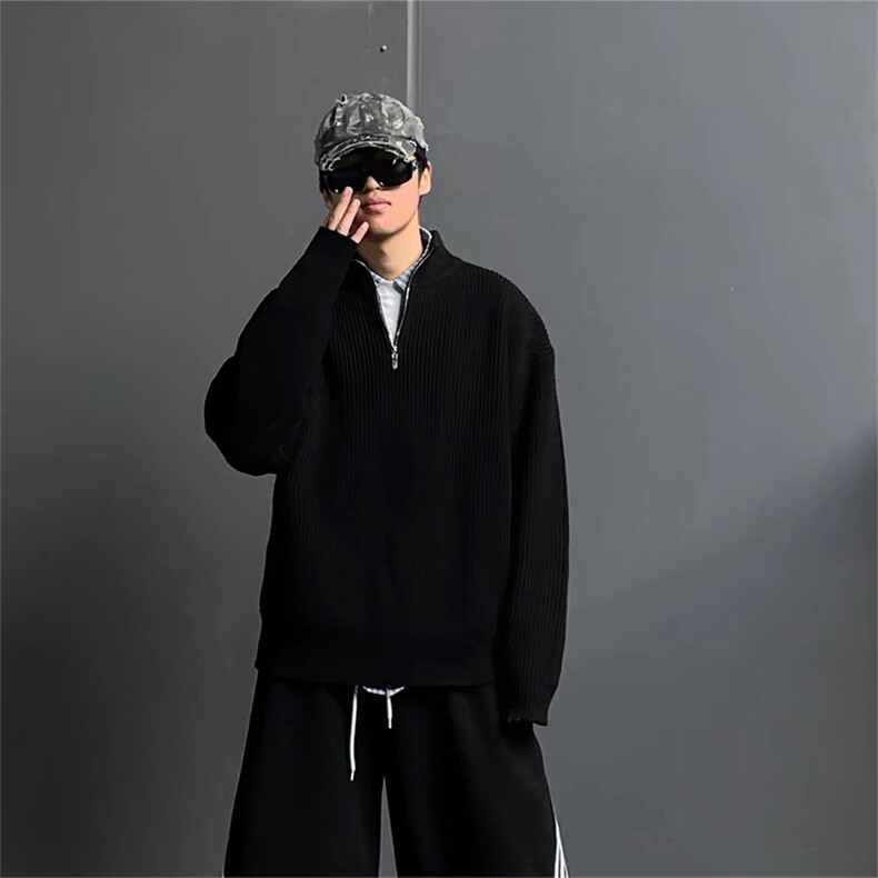 抖音得物保暖立领拉链针织外套秋冬宽松慵懒风纯色毛衣上衣AM01,男装针织衫/毛衣,电商A443