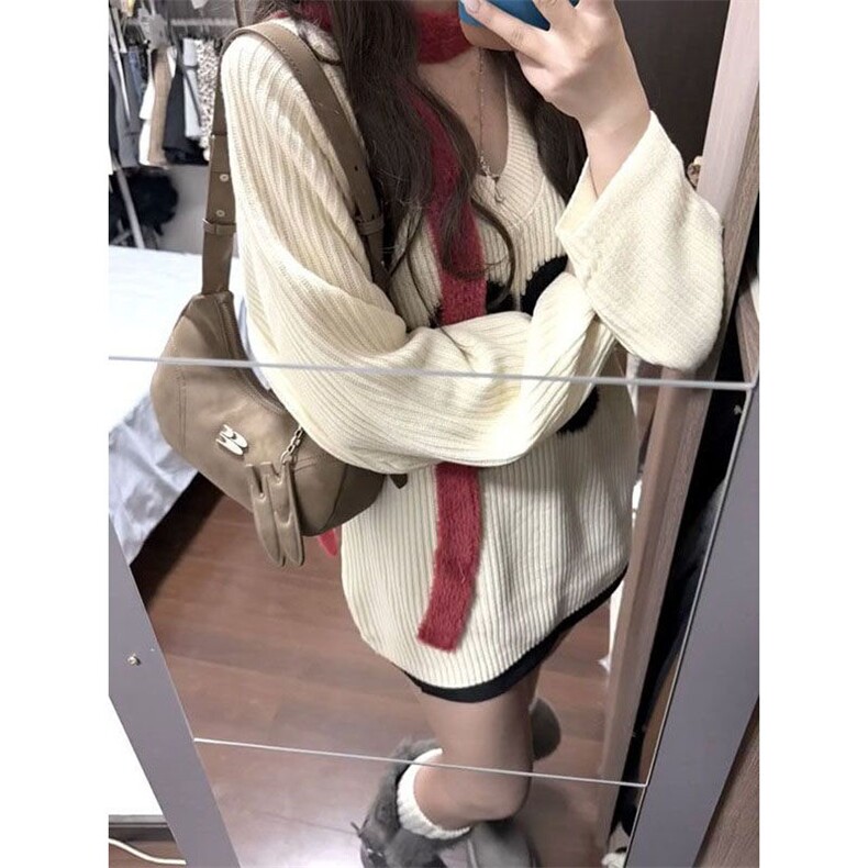 美式复古慵懒风v领数字提花套头毛衣女秋冬季宽松百搭加厚针织衫,针织衫/毛衣,星座506A