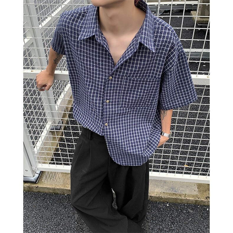 短袖男夏季薄款格子衬衫潮牌港风翻领休闲宽松上衣CS41-P40,男装T恤,星座308B-1