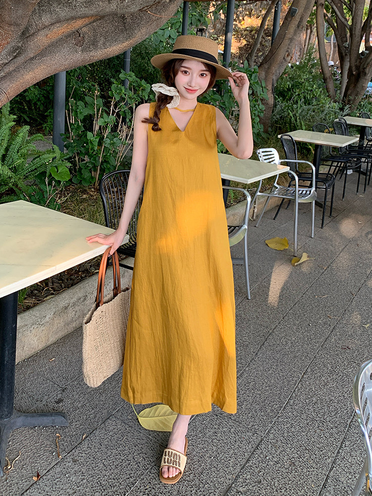 黄色简单大方的连衣裙女夏季2025新款宽松休闲松弛感无袖背心裙子,女装连衣裙,浙宝276（原081）