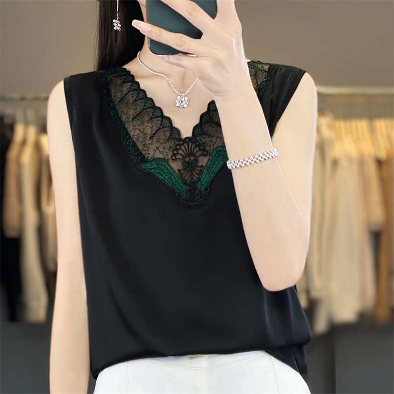 夏季新款醋酸真丝绸面V领蕾丝无袖背心吊带女宽松套头内搭百搭潮，女装背心吊带，朝贺羊绒