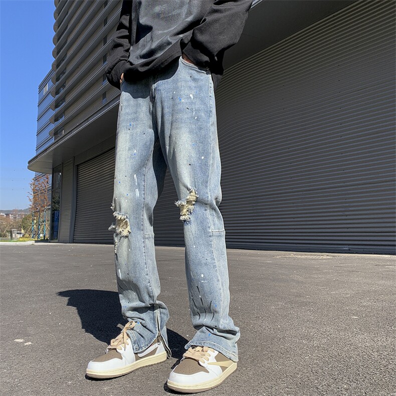 美式破洞泼墨拉链潮流痞帅宽松百搭牛仔裤ZK833-P65,男装牛仔裤,星座313A(原308A-2)