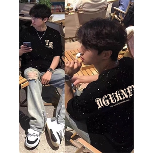 1506/Q10/P34美式满天星重磅复古纯棉短袖T恤夏季百搭短袖图片