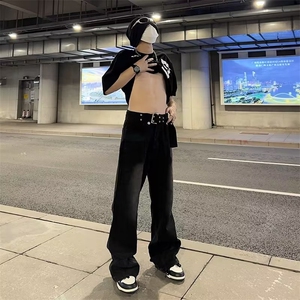 黑色微喇牛仔裤男美式高街hiphop裤子宽松直筒+腰带  5066-p45图片
