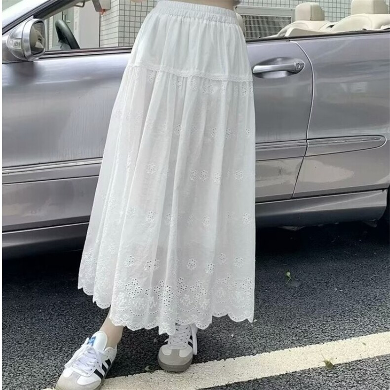 日系镂空刺绣蕾丝半身裙女夏季超仙白色文艺宽松百搭显瘦长裙,女装半身裙,星座1210-1