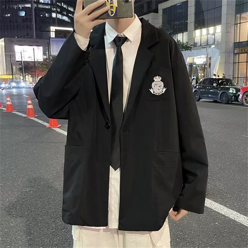 学院风休闲男DK制服徽章短袖情侣装夏秋季薄款西服外套XI01/P50图片