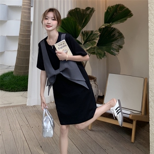 设计感蝴蝶结假两件连衣裙女夏2025小个子淡人减龄休闲黑色T恤裙图片