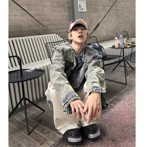 水洗垫肩短款拼接牛仔外套男款ins潮金属设计感立领夹克JC1224图片