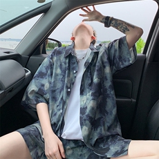2025美式扎染印花冰丝凉感短袖衬衫薄套装TZ2345/特P45灰绿3，男装休闲套装，电商A094