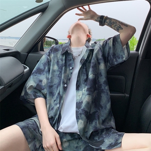 2025美式扎染印花冰丝凉感短袖衬衫薄套装 TZ2345/特P45 灰绿3图片