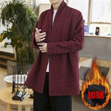中国风冬款无扣风衣纯色中国风开衫长袖亚麻外套加绒汉服D582P95，男装针织衫/毛衣，星座312B-2