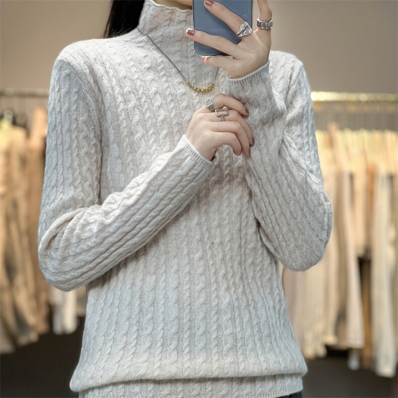 23新款复古麻花羊毛半高领套头毛衣女修身显瘦百搭气质内搭,女装羊毛衫,奢优羊绒