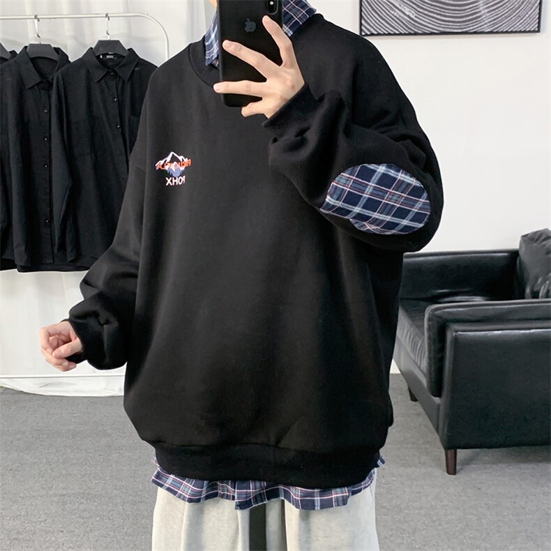 W608-P50聚酯格子衬衫领卫衣男圆领套头,男装衬衫,电商B369（原A024）