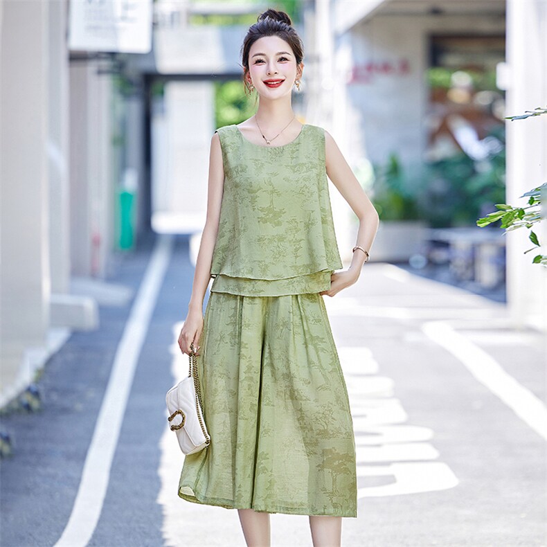 【现货】2024年夏季新款提花无袖阔腿裤套装女,女装套装/套裙,贵人树