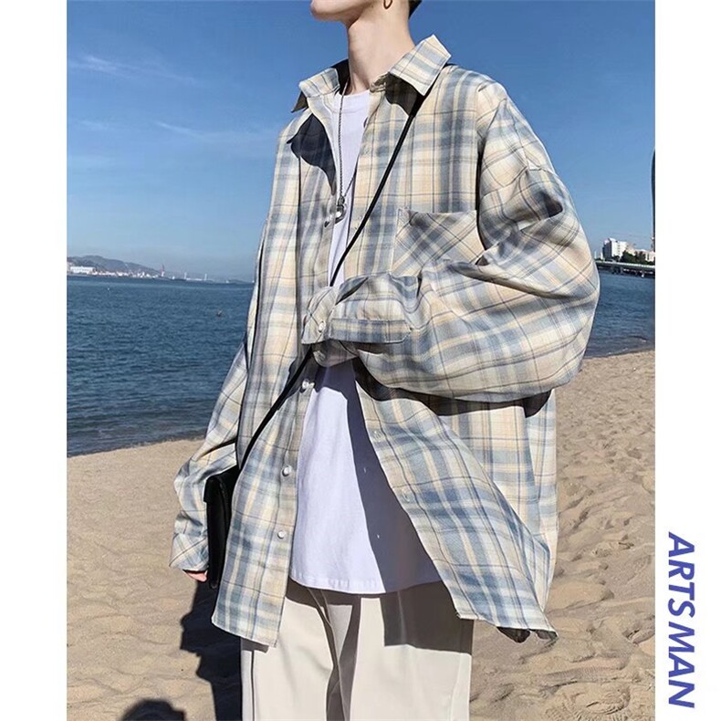 C177-P30慵懒长袖文艺百搭衬衫拼色青春流行男标准潮流方领,男装衬衫,电商B323A