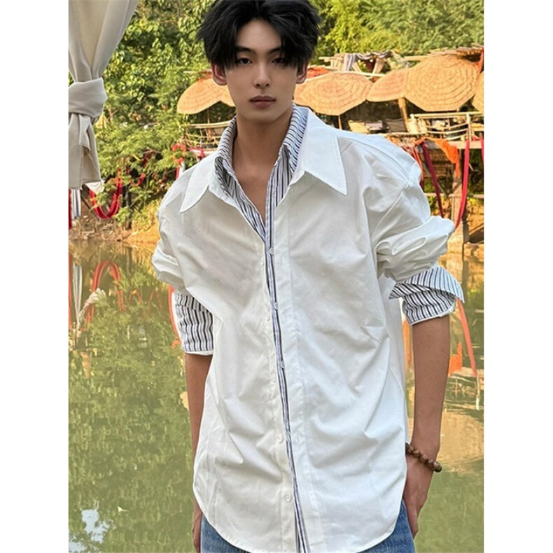 美式白色条纹撞色假两件衬衫男款夏季痞帅衬衣外套 CA6756图片