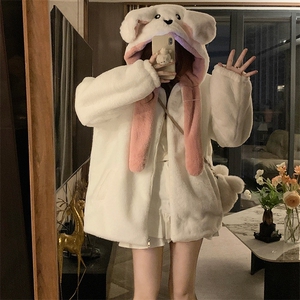 C863-P120 奶fufu兔耳朵可爱毛茸茸女冬季加绒羊羔毛学生棉衣棉服图片