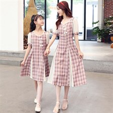 亲子装旗袍！2021夏季新款旗袍改良版复古风亲子格子连衣裙，女装连衣裙，安之芮娜