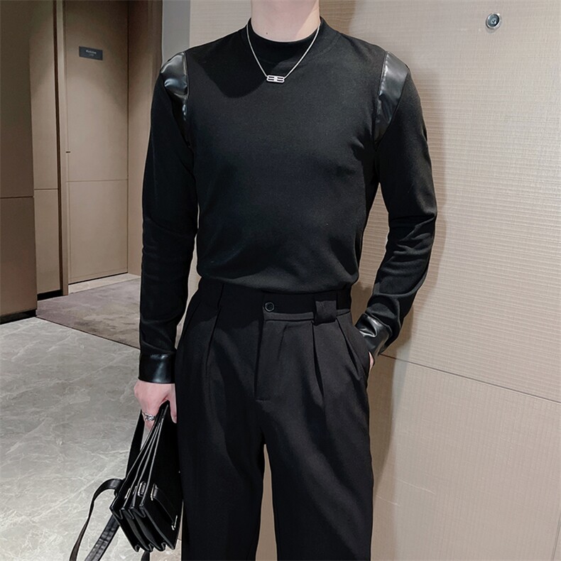新款韩版修身男士立领拼接拼皮长袖T恤时尚打底衫潮流TX1215-P50,男装T恤,电商B267