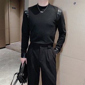 新款韩版修身男士立领拼接拼皮长袖T恤时尚打底衫潮流TX1215-P50图片
