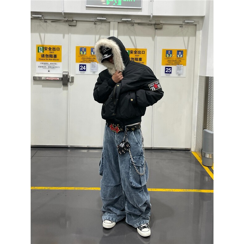 网图豹纹袖章连帽座山雕毛领棉衣派克棉服外套A025-QY15036-P108,男装棉衣,电商A025