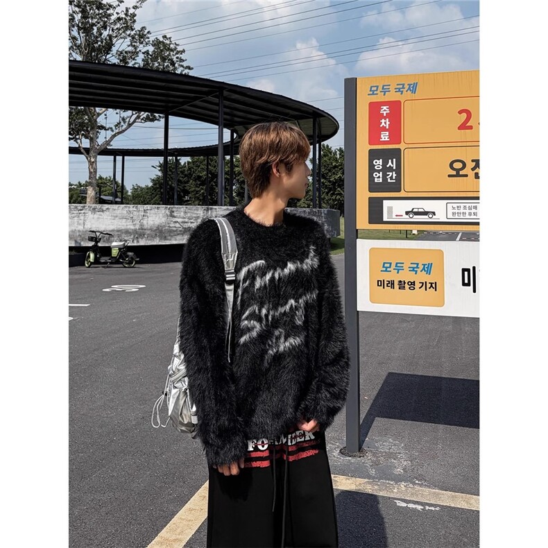 美式字母提花男女秋冬季潮牌复古水貂绒慵懒风针织衫YM102-P56,男装针织衫/毛衣,星座208-5