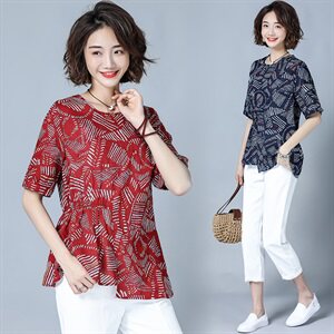 时尚潮流舒适蕾丝衫/雪纺衫2024年夏季花版不规则短袖圆领气质图片