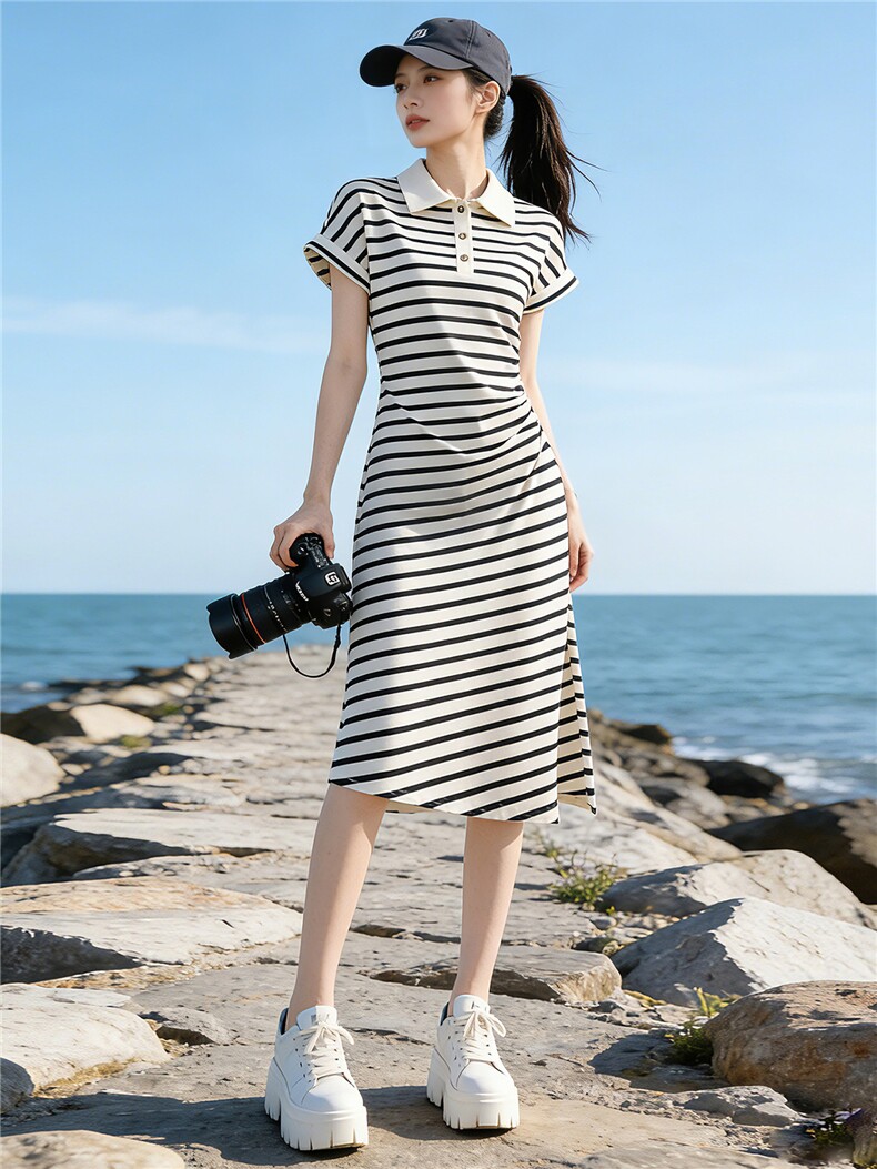 黑白条纹时尚洋气Polo领休闲连衣裙女夏新款收腰显瘦开叉中长裙子,女装套装/套裙,江南