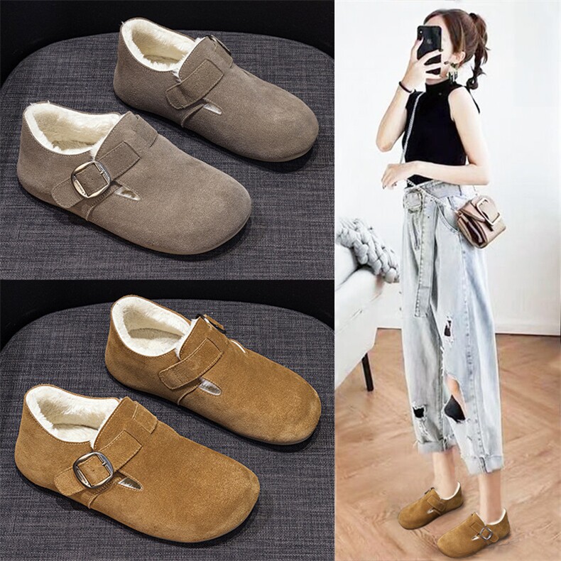 新款加绒勃肯鞋女真皮橡胶软底博肯百搭豆豆鞋，女鞋毛毛鞋，电商A223