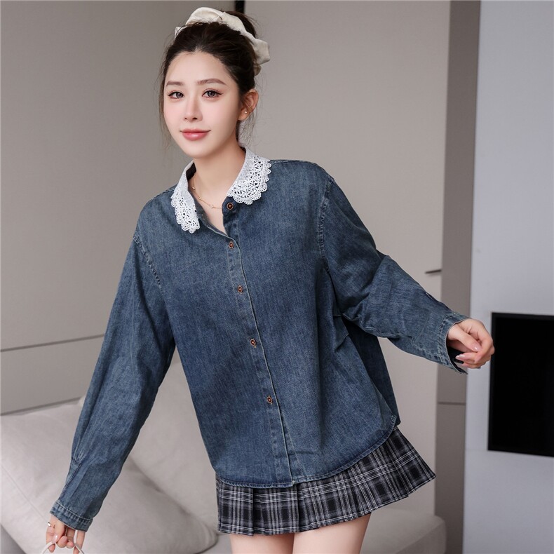 2026新款水洗牛仔长袖花边蕾丝春装韩版衬衫,女装衬衫,2C091