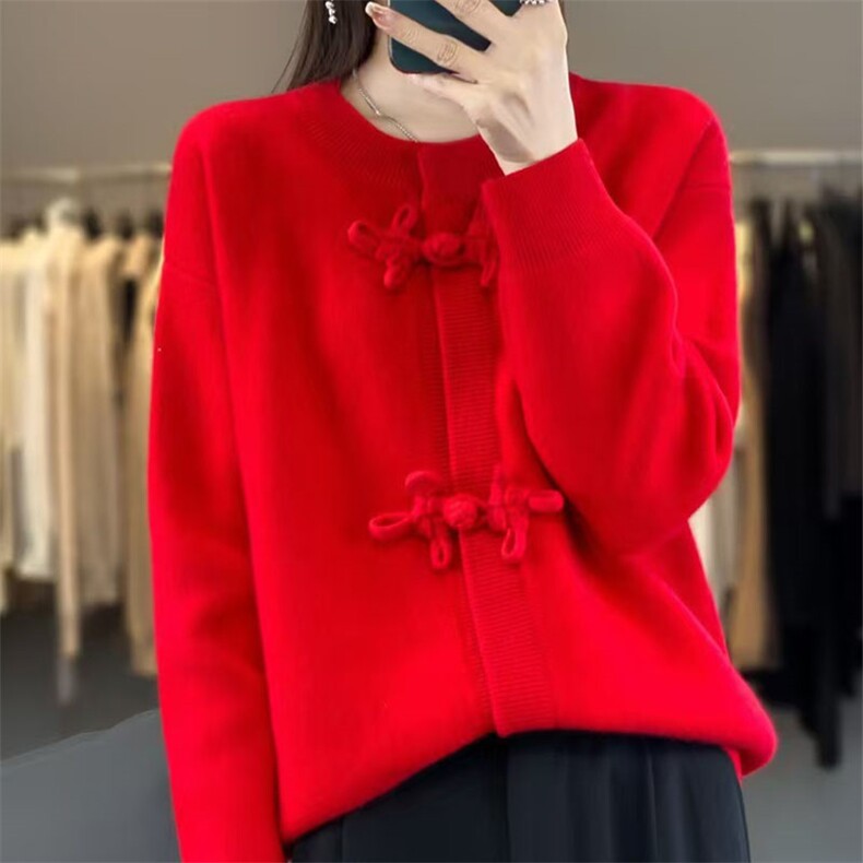 100%纯羊毛开衫女圆领复古盘扣长袖针织衫外套宽松羊绒衫外搭毛衣，女装针织衫/毛衣，萱芳婷羊绒