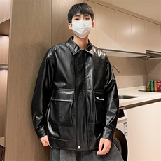 机车皮衣男春季翻领夹克工装刺绣外套潮流情侣款A266-PY007-P85，男装皮衣，电商A266