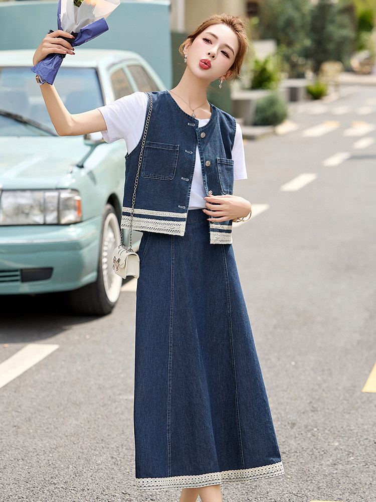 时尚蕾丝拼接牛仔马甲套装女2025年夏季新款洋气减龄半裙三件套,女装套装/套裙,贵人树