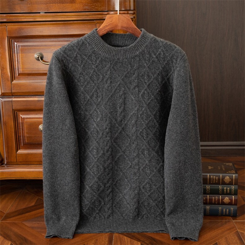 2024秋季新款圆领扭花长袖短款男士套头衫，男装羊绒套衫，端硕羊绒