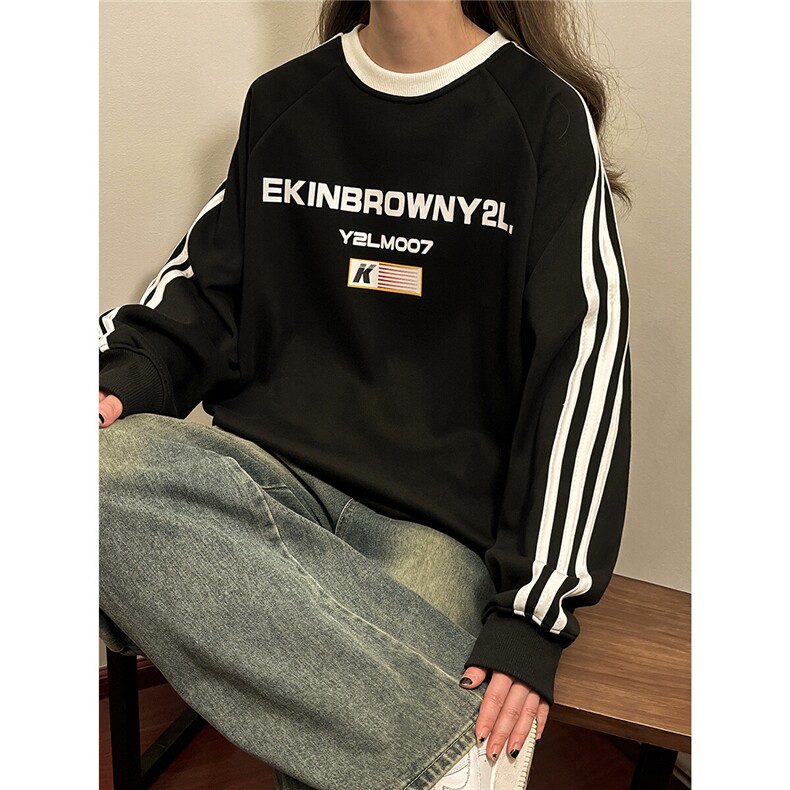 2025中性风三杠条纹圆领卫衣字母印花设计休闲卫衣男WY77765P48控，男装卫衣，星座227-7