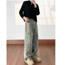趣味小狗刺绣牛仔裤女潮牌美式复古水洗做旧显瘦高腰直筒百搭裤子，女装休闲裤，星座506A