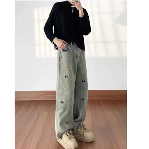 趣味小狗刺绣牛仔裤女潮牌美式复古水洗做旧显瘦高腰直筒百搭裤子图片