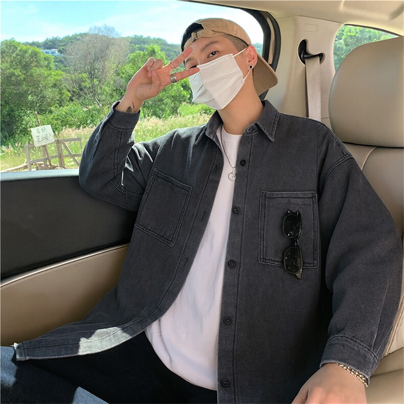 港风秋款男牛仔衬衫宽松休闲大口袋开衫夹克外套JK1388P55,男装衬衫,星座1013-1