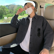 港风秋款男牛仔衬衫宽松休闲大口袋开衫夹克外套JK1388P55，男装衬衫，星座1013-1