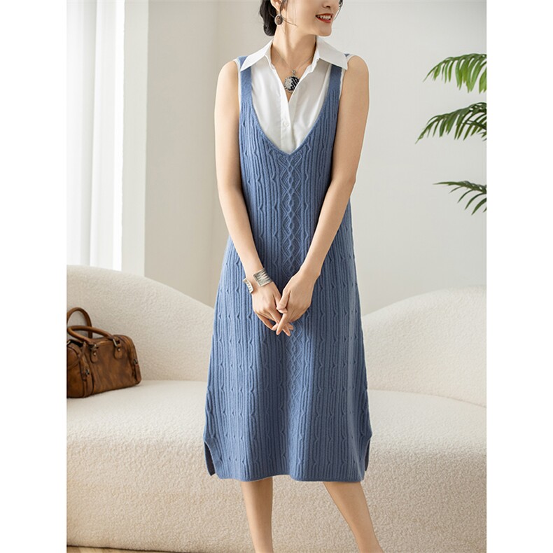2025年夏季套头V领吊带时尚百搭通勤休闲长款吊带裙，女装背心吊带，绒菲针织