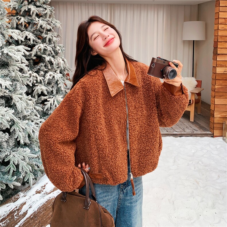 小个子撞色拼接羊羔毛加厚棉服皮毛一体外套2C325-563P175K268,女装短外套,2C325
