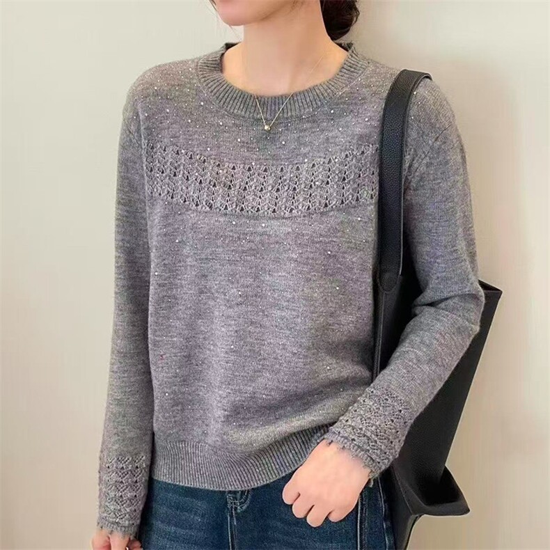 2026年秋季套头镂空圆领烫钻休闲，女装针织衫/毛衣，暖姿羊绒