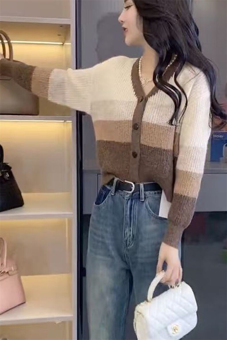 条纹撞色休闲时尚V领开衫,女装蕾丝衫/雪纺衫,萱芳婷羊绒