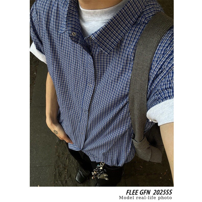 逃离光复南皇家蓝色格纹抽绳短袖衬衫男女短款miu系上衣 C2278图片