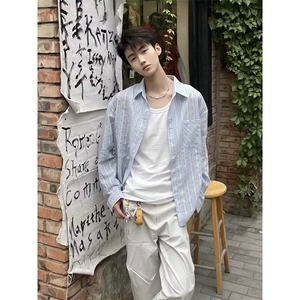 竖条纹长袖衬衫男日系复古春季新款宽松廓形休闲衬衣外套CY18图片
