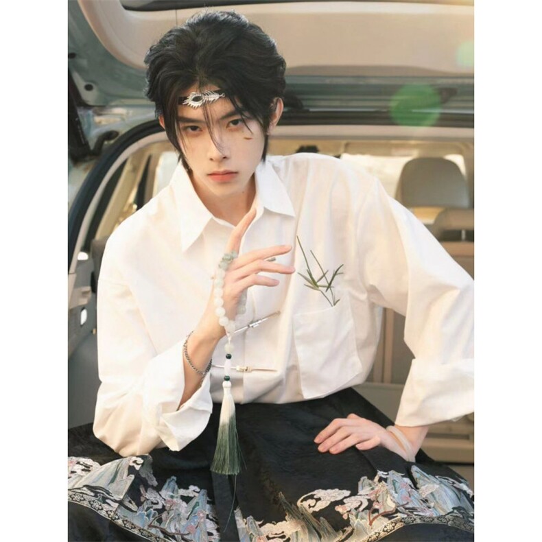新中式男装中国风秋冬打底白衬衫长袖高级感刺绣改良汉服内搭唐装图片