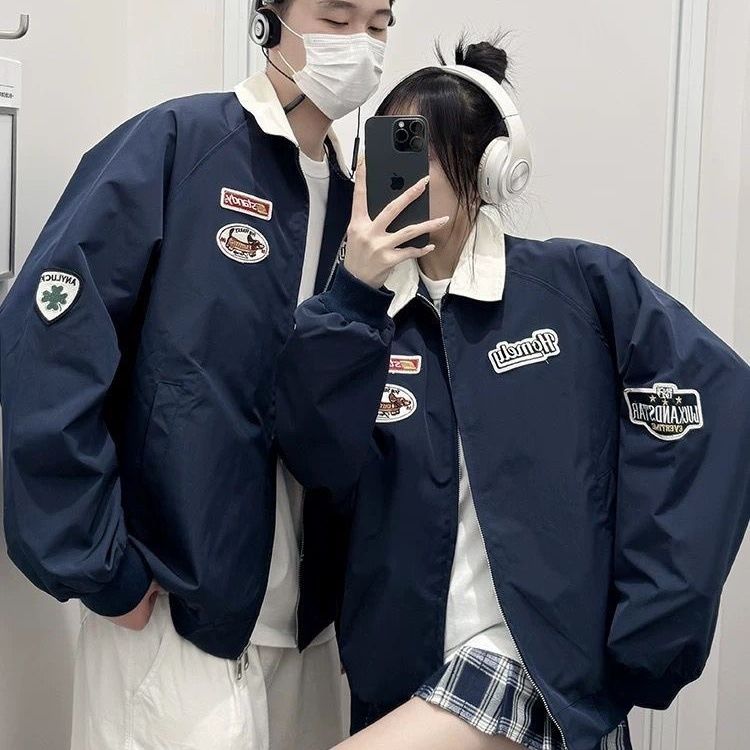 美式复古翻领飞行外套春季2025新款情侣宽松百搭设计棒球夹克上衣,男装夹克,四季星座505