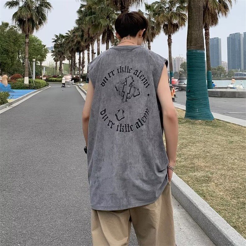 鹿皮绒背心黑色圆领印花标准背心汗背心潮男TB06-P30,男装背心/马甲,星座1109-3