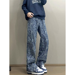 B221 美式ins高街暗黑宽松直筒提花牛仔裤LK24395-特P52控88图片